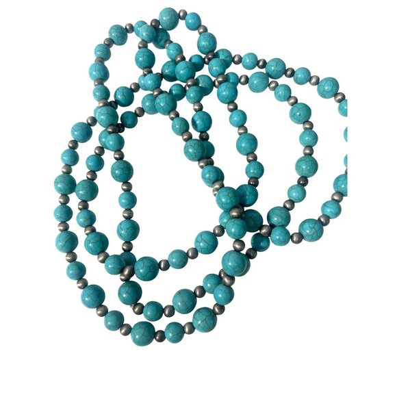 Beaded Statement Necklace Faux Turquoise & Silver Spacers 48" Southwestern Boho - Picture 3 of 5